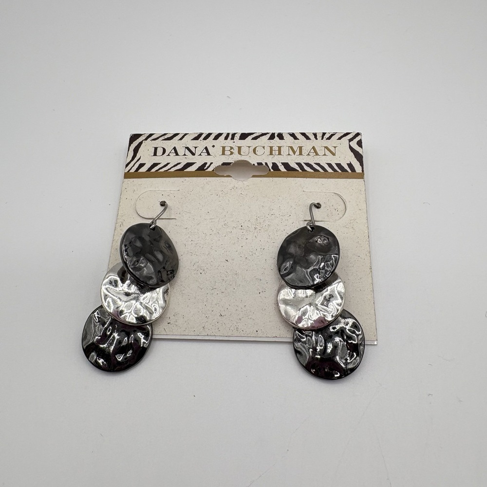 Dana Buchman Hammered Disc Drop Earrings Silver And Gunmetal Tone New With Tags